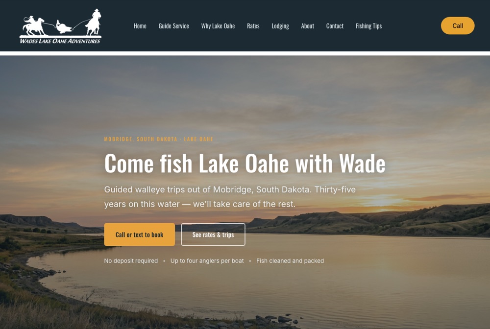 Wade’s Lake Oahe Adventures website homepage